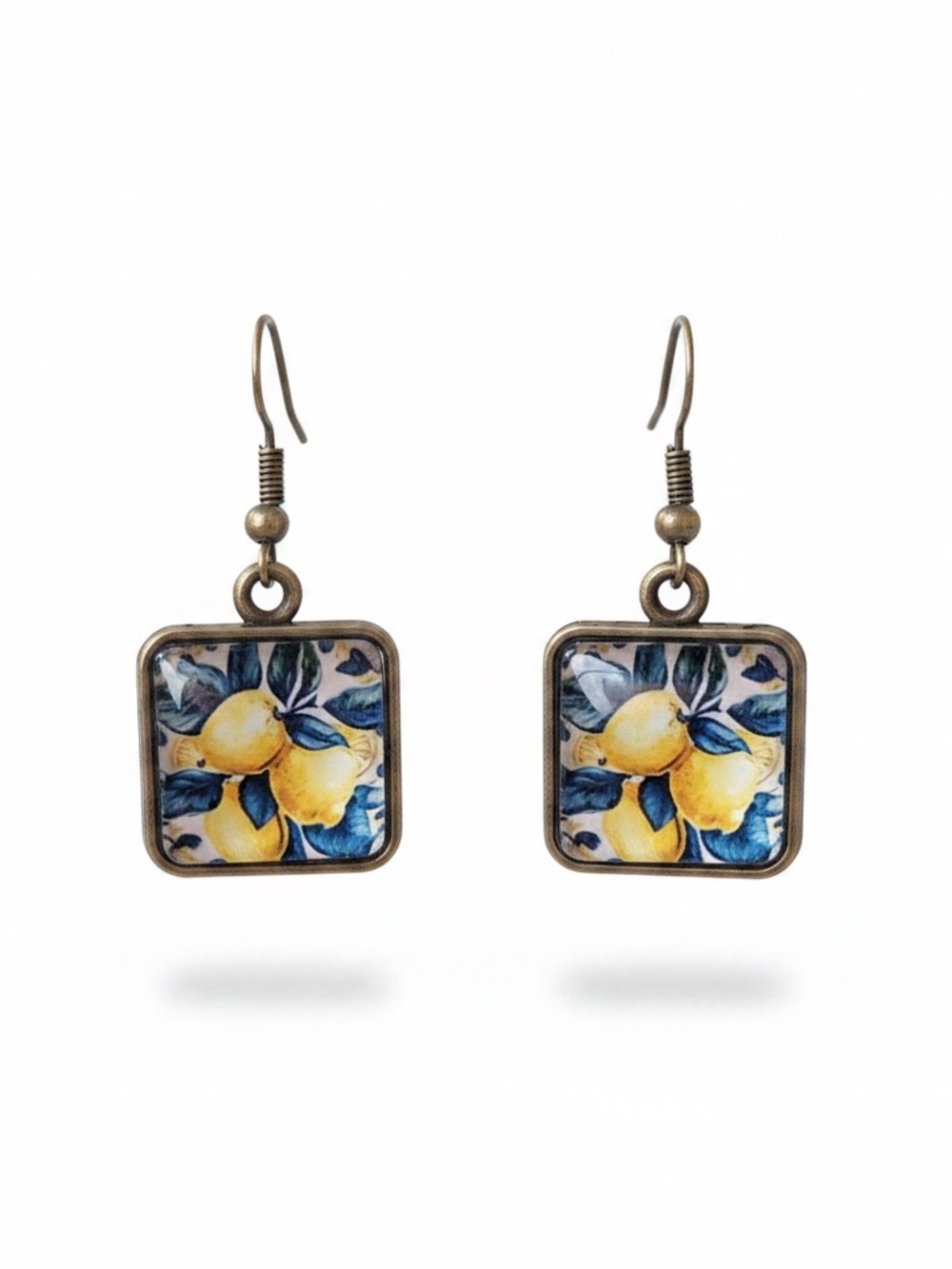 🍋 Vintage Retro Mediterranean Lemon Square Glass Cabochon Dangle Earrings